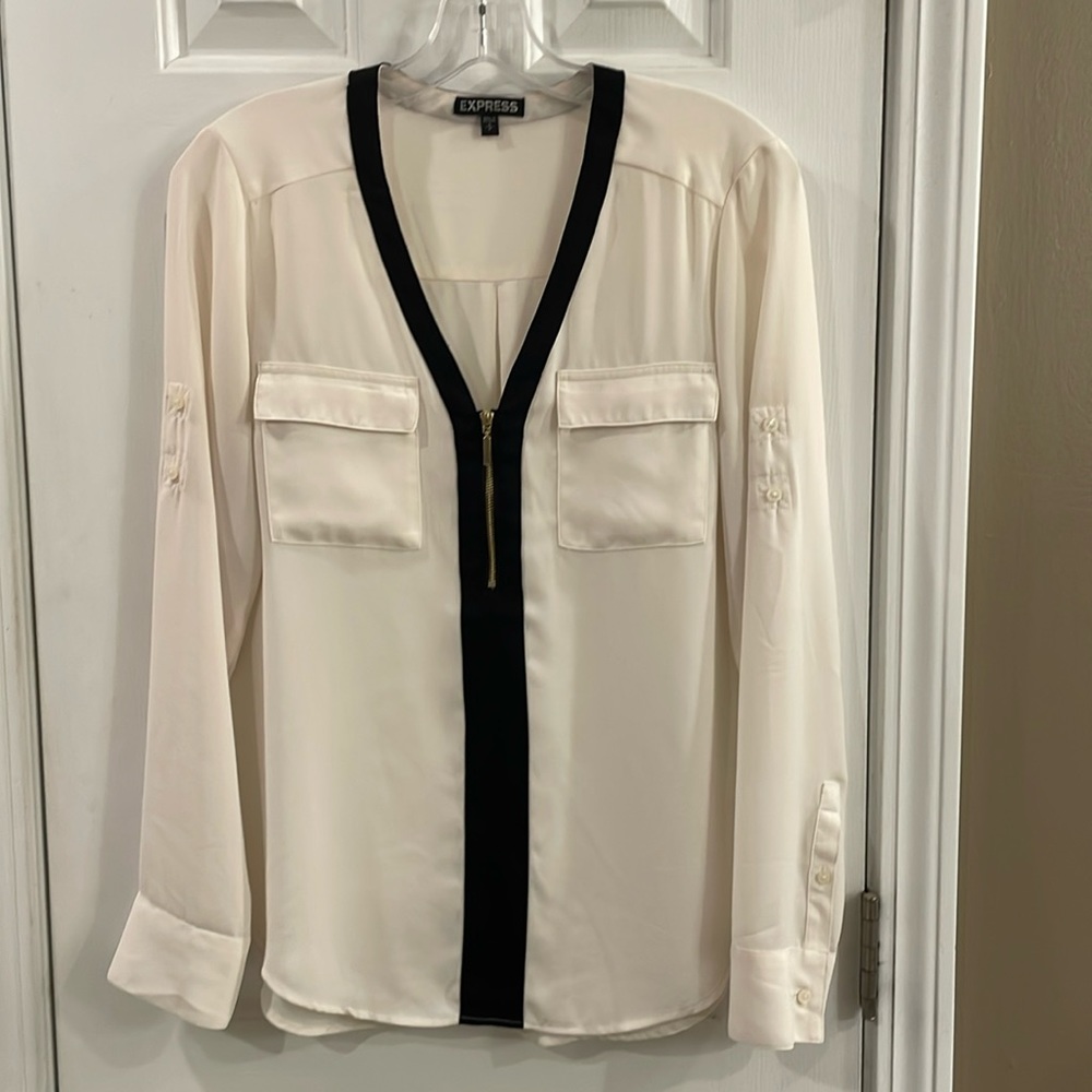 Express Ivory Zip Front Convertible Sleeve Blouse - S